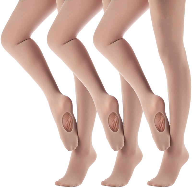 MdnMd 3 Pack Dance Ballet Tights for Little Girls Convertible Footless Ballet Legging Stocking Pantyhose (Tan/Caramel, Child Age 6-8) - Image 2
